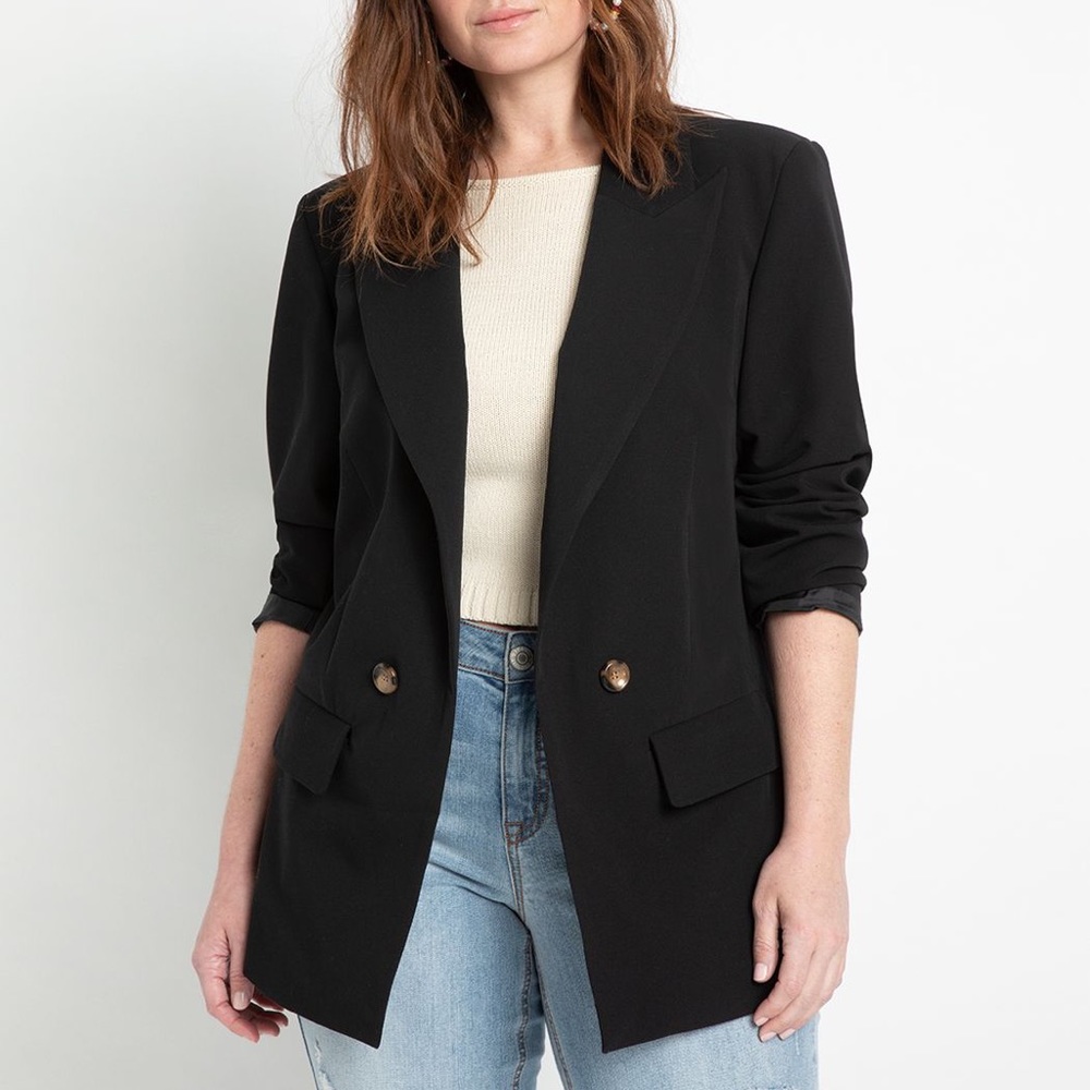 NWT Eloquii "Long Relaxed Blazer" Open-Front Tortoise Button Black Plus 16 XL